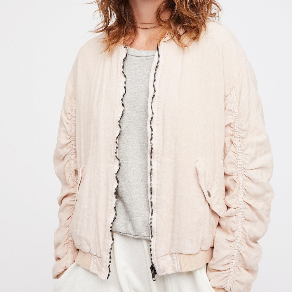 Free People Natural Pink Rouched Bomber Jacket - Picture 1 of 8